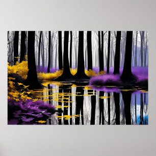 Zwart-witte Bomen Reflectie en Geel Paarse Poster