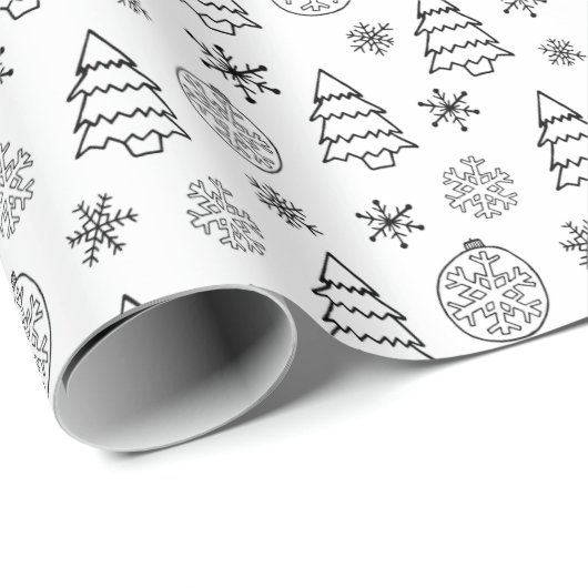 Zwart-witte bomen Sneeuwvlokken Kerstmis Cadeaupapier (Rol Hoek)