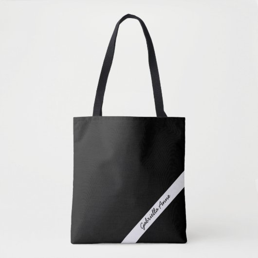 Zwart-witte boodschappentas met naam diagonaal ges tote bag (Voorkant)