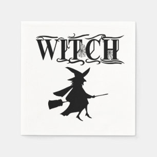Zwart-Witte Boosaardige Vliegende Heks Halloween Servet