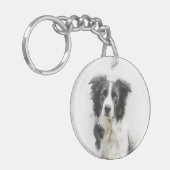 Zwart-witte Border Collie Aquarel Kunst Sleutelhanger (Voorkant Links)