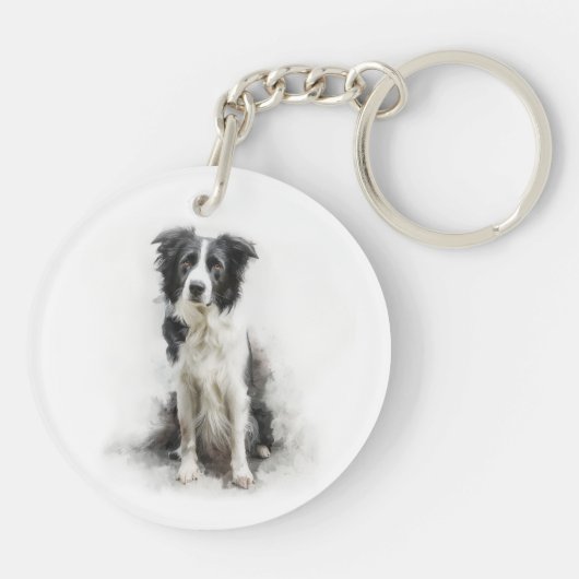 Zwart-witte Border Collie Aquarel Kunst Sleutelhanger (Achterkant)