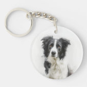 Zwart-witte Border Collie Aquarel Kunst Sleutelhanger (Voorkant)