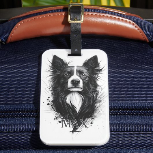 Zwart-witte Border Collie Bagagelabel (Voorkant Insitu 2)