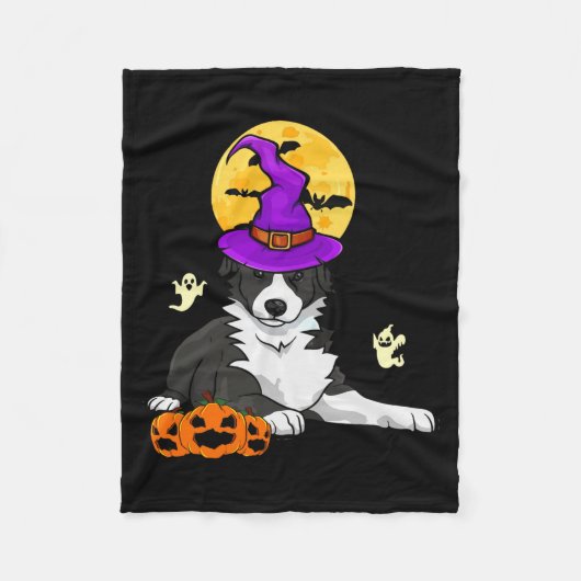 Zwart-Witte Border Collie Heks Halloween Fleece Deken (Voorkant)