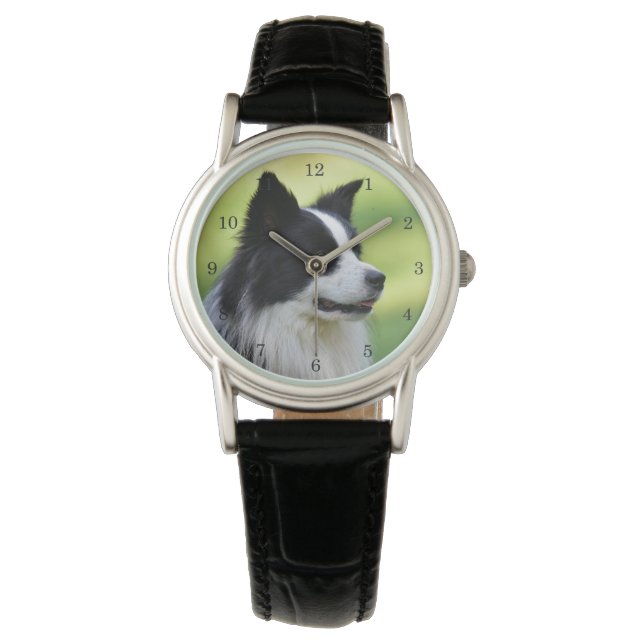 Zwart-witte Border Collie-hond Horloge (Voorkant)