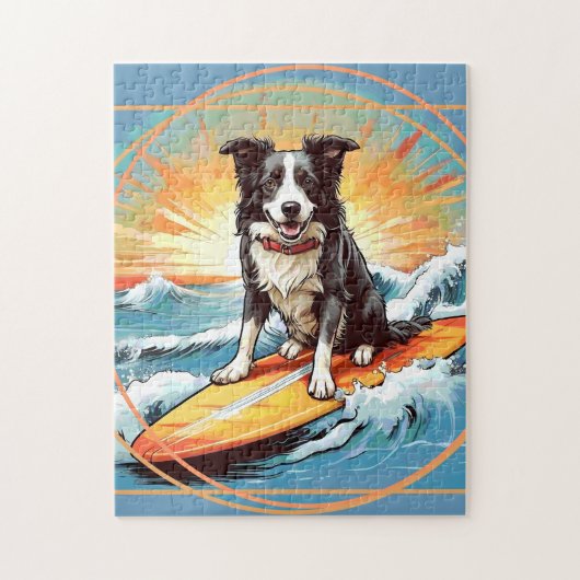 Zwart-witte Border Collie surft Legpuzzel (Verticaal)