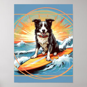 Zwart-witte Border Collie surft Poster