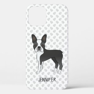 Zwart-Witte Boston Terrier Cartoonhond & Naam Case-Mate iPhone Case