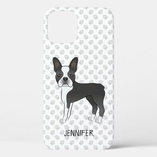 Zwart-Witte Boston Terrier Cartoonhond & Naam Case-Mate iPhone Case (Achterkant)