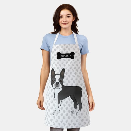 Zwart-Witte Boston Terrier Cartoonhond & Naam Schort (Gedragen)