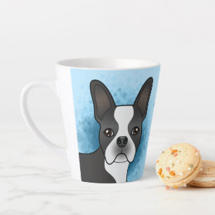 Zwart-witte Boston Terrier Cartoonhond op Blauwe A Latte Mok