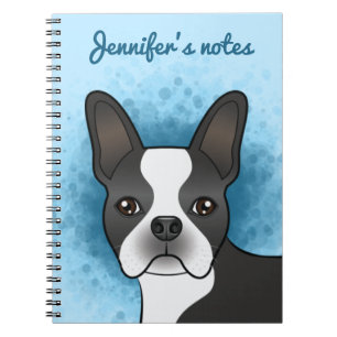 Zwart-witte Boston Terrier Cartoonhond op Blauwe A Notitieboek