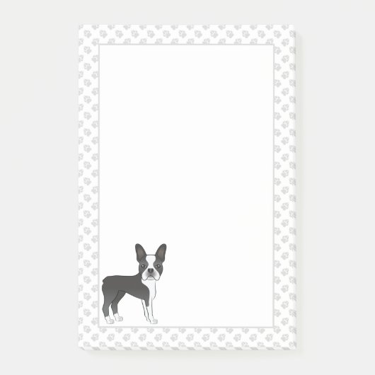 Zwart-Witte Boston Terrier Cartoonhond & Pootafdru Post-it® Notes (Voorkant)
