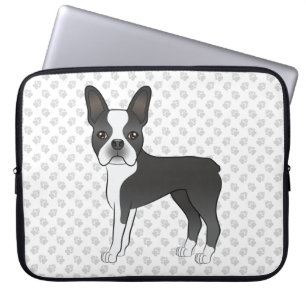 Zwart-witte Boston Terrier Cartoonhond & poten Laptop Sleeve