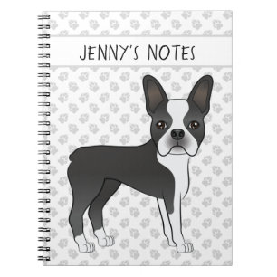 Zwart-witte Boston Terrier Cartoonhond & Tekst Notitieboek