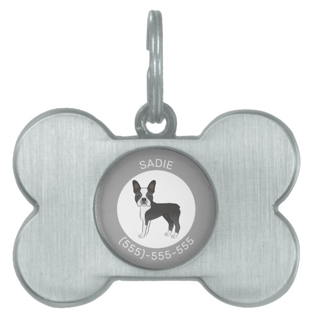Zwart-witte Boston Terrier-hond Illustratie Huisdieren Naamplaatje (voorkant)