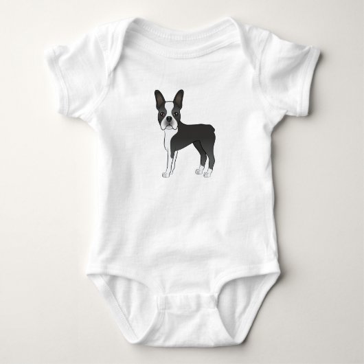Zwart-witte Boston Terrier-hond Illustratie Romper (Voorkant)