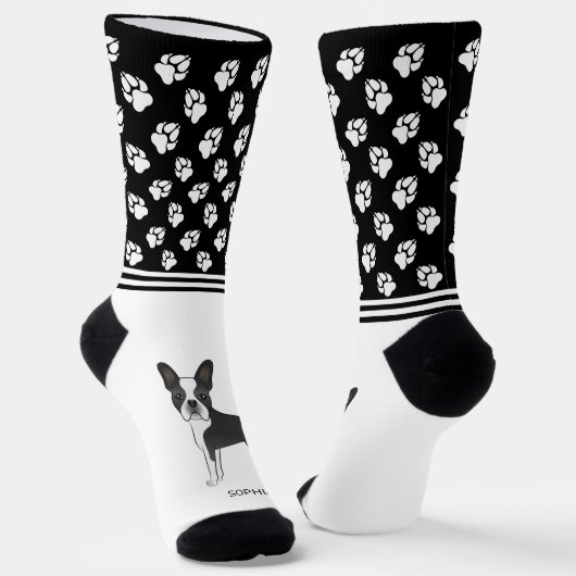 Zwart-Witte Boston Terrier Met Naam En Pootafdrukk Sokken (Gebogen)