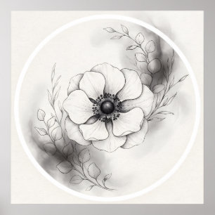 Zwart Witte Botanische Anemoon Bloem Poster