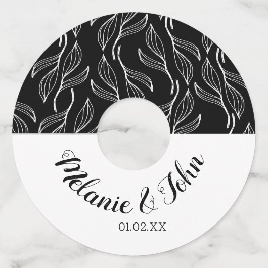 Zwart Witte Botanische Bladeren Bloemmotief - Naam Wijnglaslabel (Voorkant)
