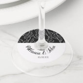 Zwart Witte Botanische Bladeren Bloemmotief - Naam Wijnglaslabel (Dichtbij)