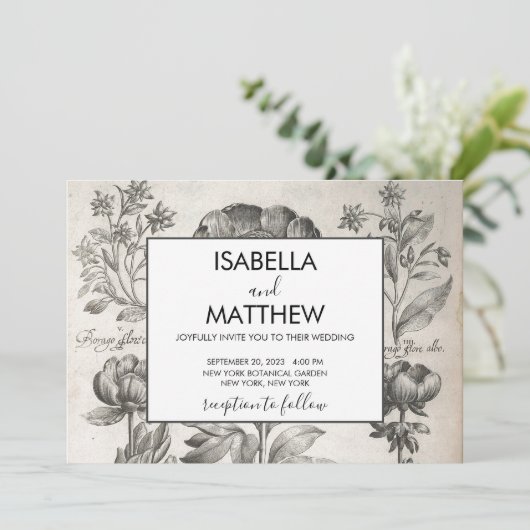  zwart-witte botanische bloemen kaart (Staand voorkant)