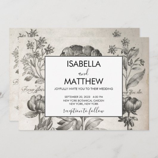  zwart-witte botanische bloemen kaart (Voorkant / Achterkant)