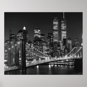Zwart Witte Brooklyn Bridge New York Nacht Poster