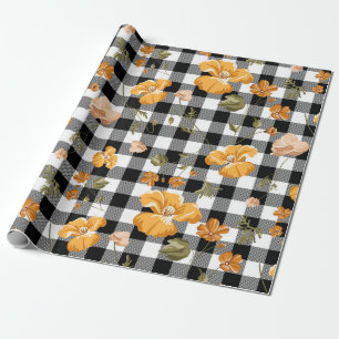 Zwart Witte Buffalo Checks & Gele Bloemen Cadeaupapier