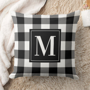 Zwart Witte Buffalo Plaid Kerst Monogram Kussen