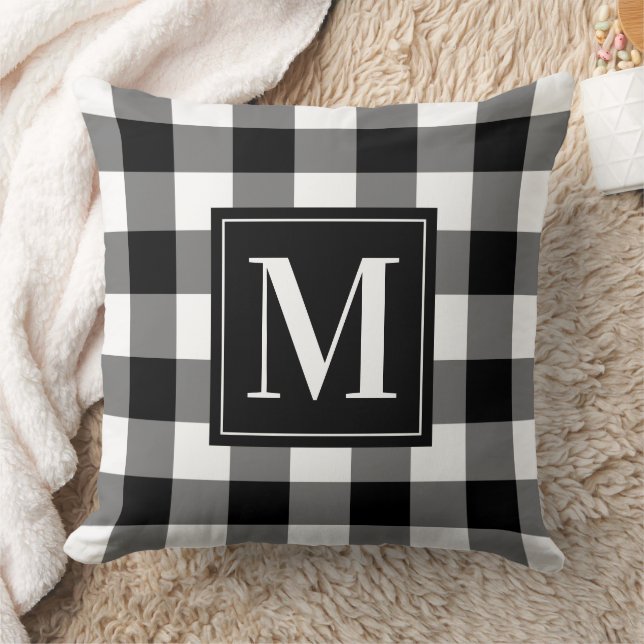 Zwart Witte Buffalo Plaid Kerst Monogram Kussen (Deken)