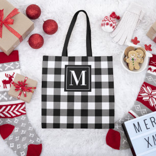 Zwart Witte Buffalo Plaid Monogram Initiaal Tote Bag