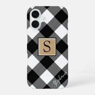 Zwart Witte Buffalo Plaid Monogram Script Naam iPhone 16 Hoesje