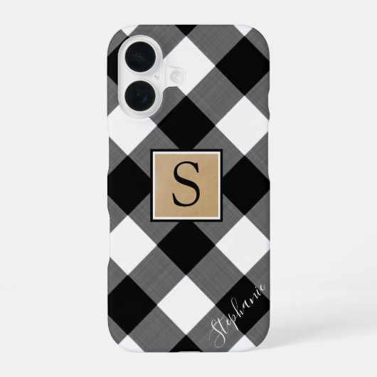 Zwart Witte Buffalo Plaid Monogram Script Naam iPhone 16 Hoesje (Achterkant)