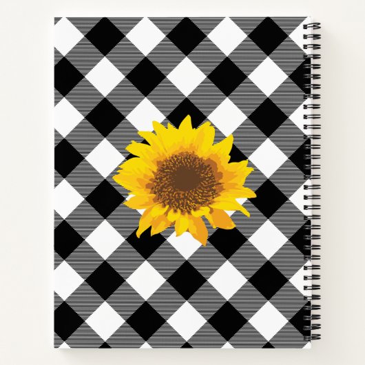 zwart-witte Buffalo Plaid Zonnebloem Notitieboek (Achterkant)