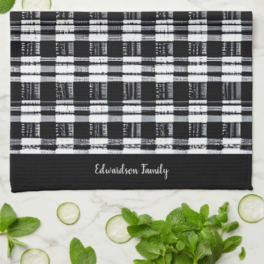 Zwart-witte buffel plaid monogram naam theedoek (Gevouwen)