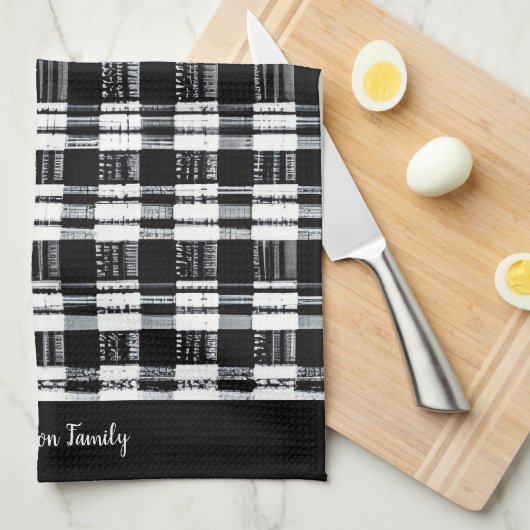Zwart-witte buffel plaid monogram naam theedoek (Quarter Fold)