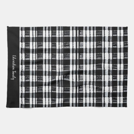 Zwart-witte buffel plaid monogram naam theedoek (Horizontaal)