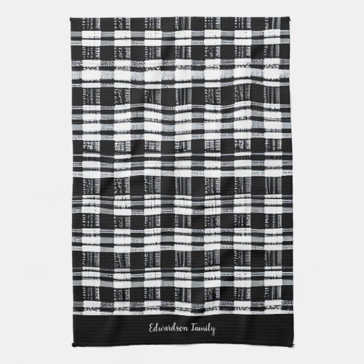 Zwart-witte buffel plaid monogram naam theedoek (Verticaal)