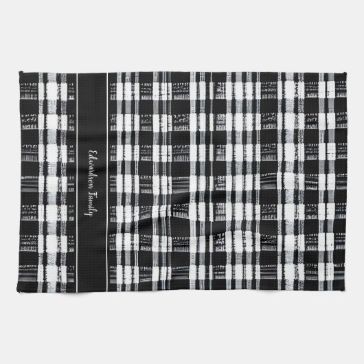 Zwart-witte buffel plaid monogram naam theedoek (Horizontaal)