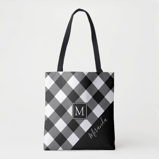 Zwart-witte buffelcontrole Geplakt monogram naam Tote Bag (Voorkant)