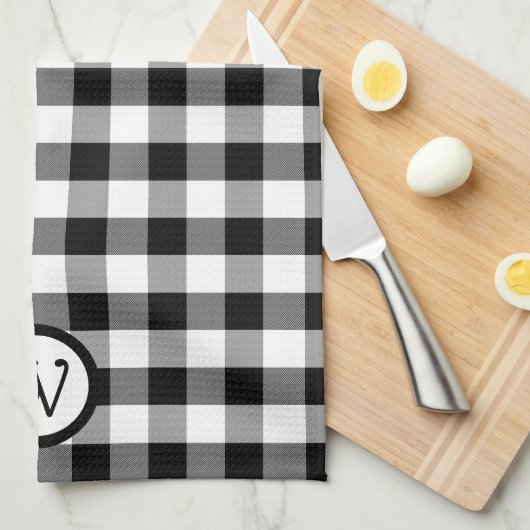 Zwart-witte buffelplaat met monogram theedoek (Quarter Fold)