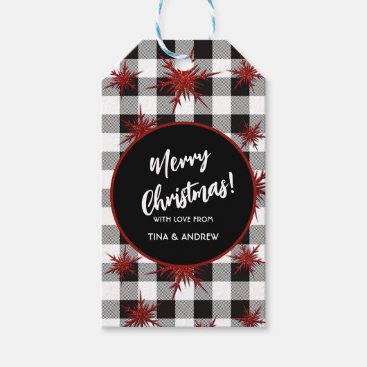 Zwart-witte buffels Rode glitter Snowflakes Cadeaulabel (Voorkant)