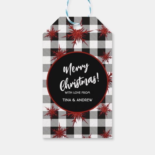Zwart-witte buffels Rode glitter Snowflakes Cadeaulabel (Achterkant)