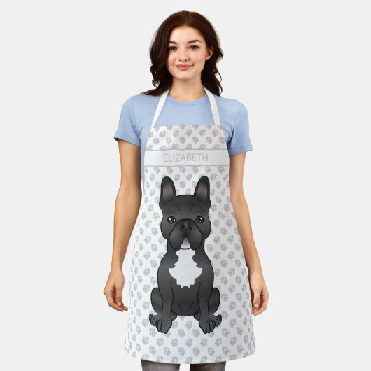 Zwart-witte bulldog / franchie & naam schort (Gedragen)