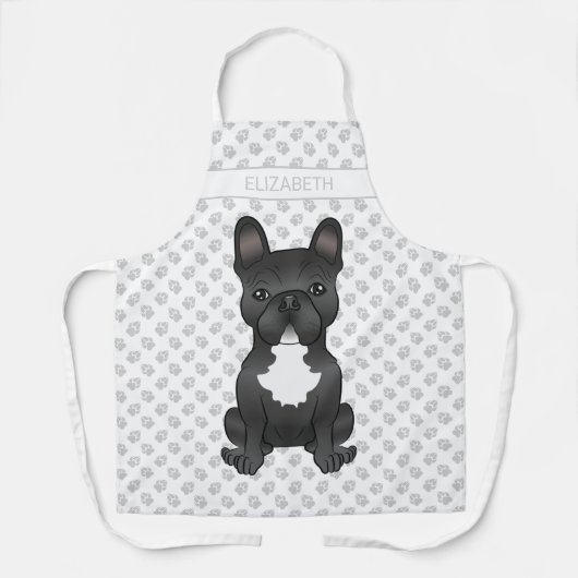 Zwart-witte bulldog / franchie & naam schort (Voorkant)