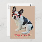 Zwart-witte bulledog met rode bril briefkaart (Voorkant / Achterkant)
