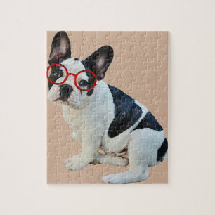Zwart-witte bulledog met rode bril legpuzzel