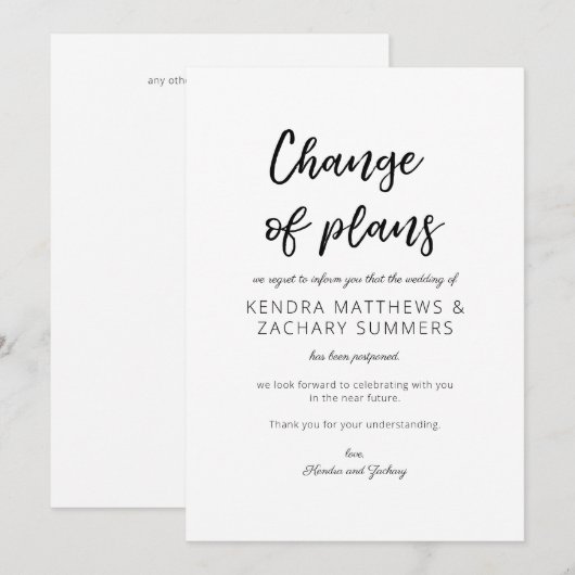 Zwart & Witte Calligrafie Wijziging van de plannen Kaart (Voorkant / Achterkant)